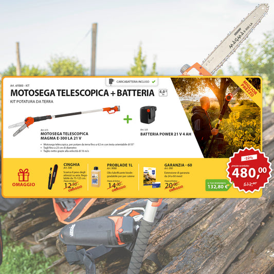 KIT Potatura da Terra Motosega telescopica Magma E-300 LA 21 V Stocker e Batteria Power 21 V 4 Ah