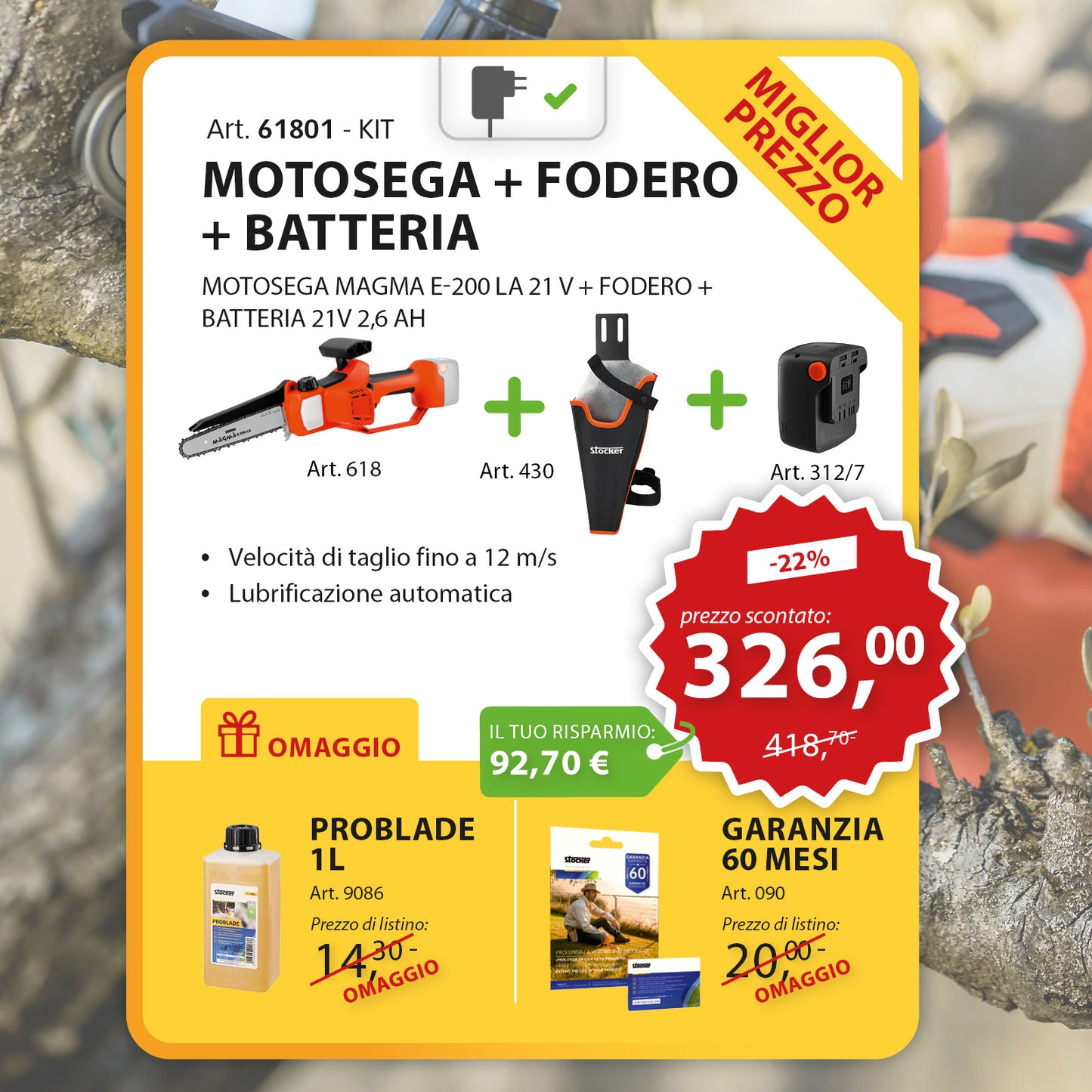 KIT Motosega Magma E-200 LA 21 V + Fodero + Batteria 21 V 2,6Ah