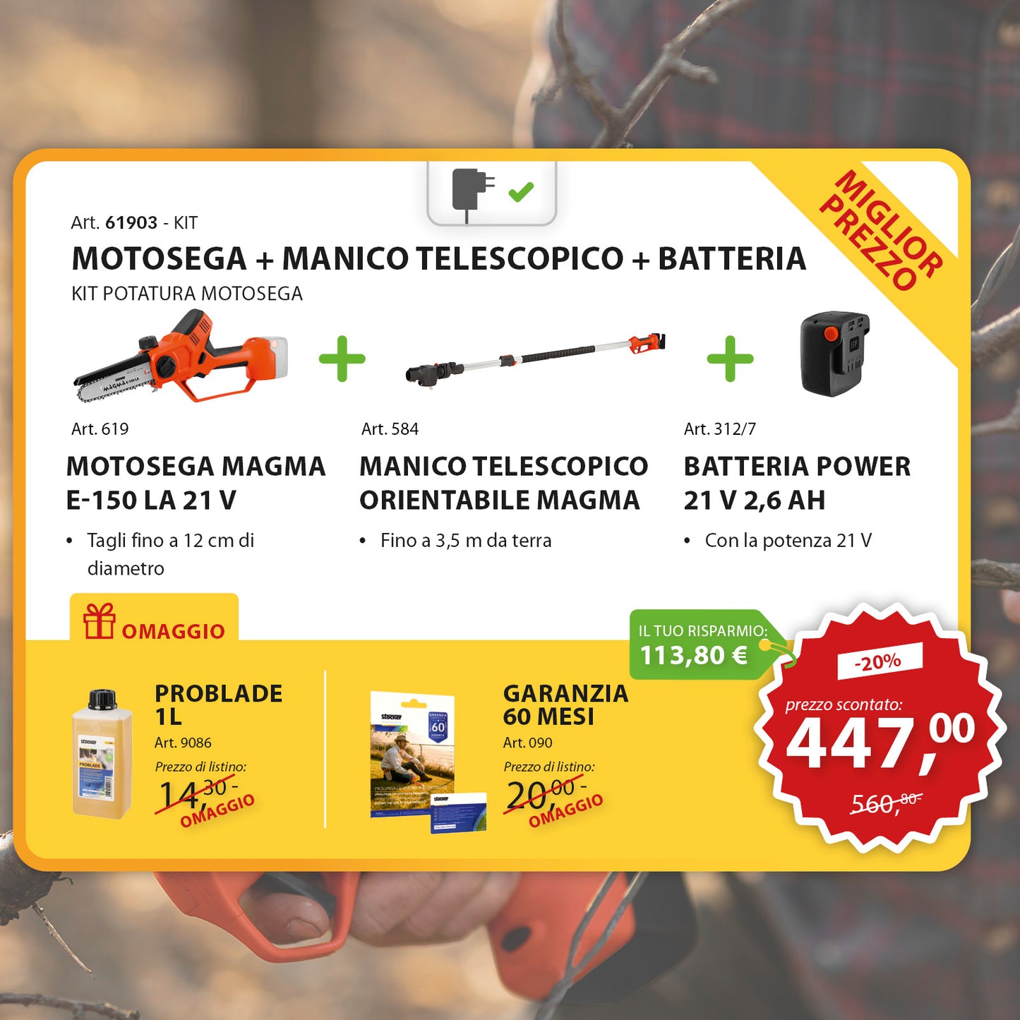 KIT Motosega Magma E-150 LA 21 V + Manico Telescopico + Batteria 21 V 2,6Ah