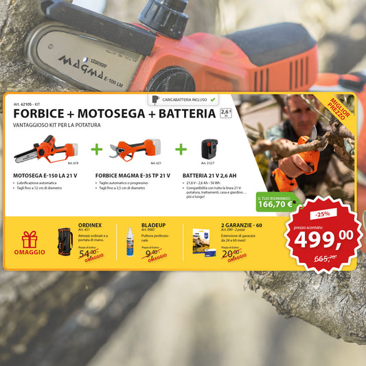 KIT Potatura Motosega E-150 LA 21 V + Forbice Magma E-35 TP 21 V + Batteria 21 V 2,6Ah