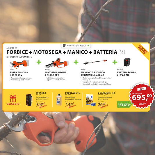 KIT Potatura Completo Motosega E-150 LA 21 V + Forbice Magma E-35 TP 21 V + Manico Telescopico + Batteria 21 V 2,6Ah