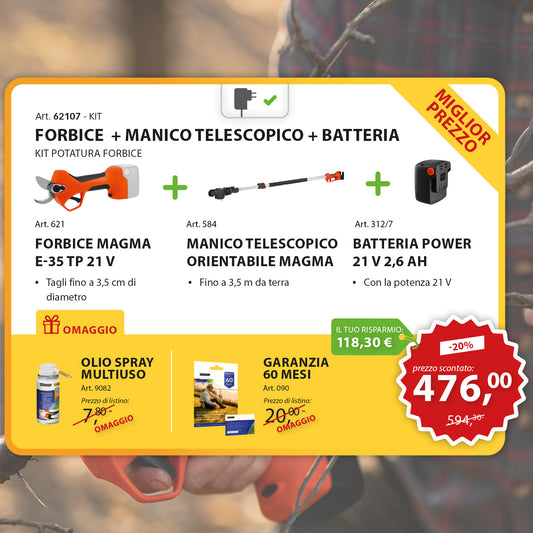 KIT Potatura Forbice Magma E-35 TP 21 V + Manico Telescopico + Batteria 21 V 2,6Ah