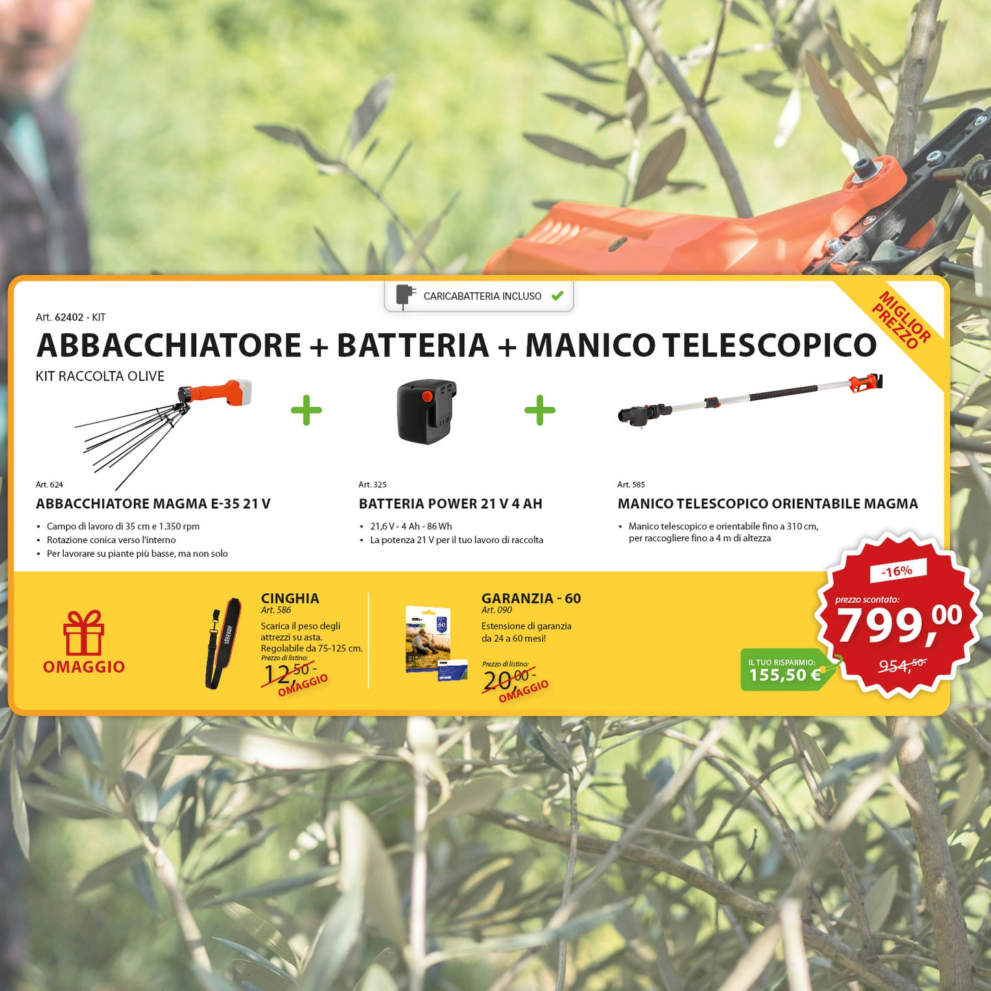 KIT Raccolta Olive Abbacchiatore Magma E-35 21 V + Manico Telescopico + Batteria 21 V 4Ah