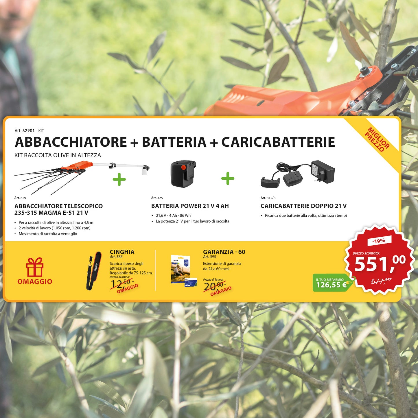 KIT Raccolta Olive in Altezza Abbacchiatore Telescopico 235-315 Magma E-51 21 V + Batteria 21 V 4Ah + Caricabatterie Doppio 21 V